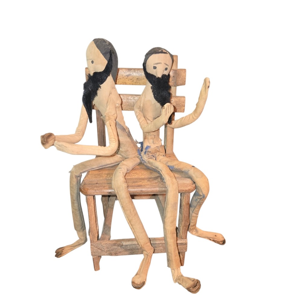 Vintage Appalachian Folk Art Dolls Wire & Cloth Figures On Wooden Chair Handmade